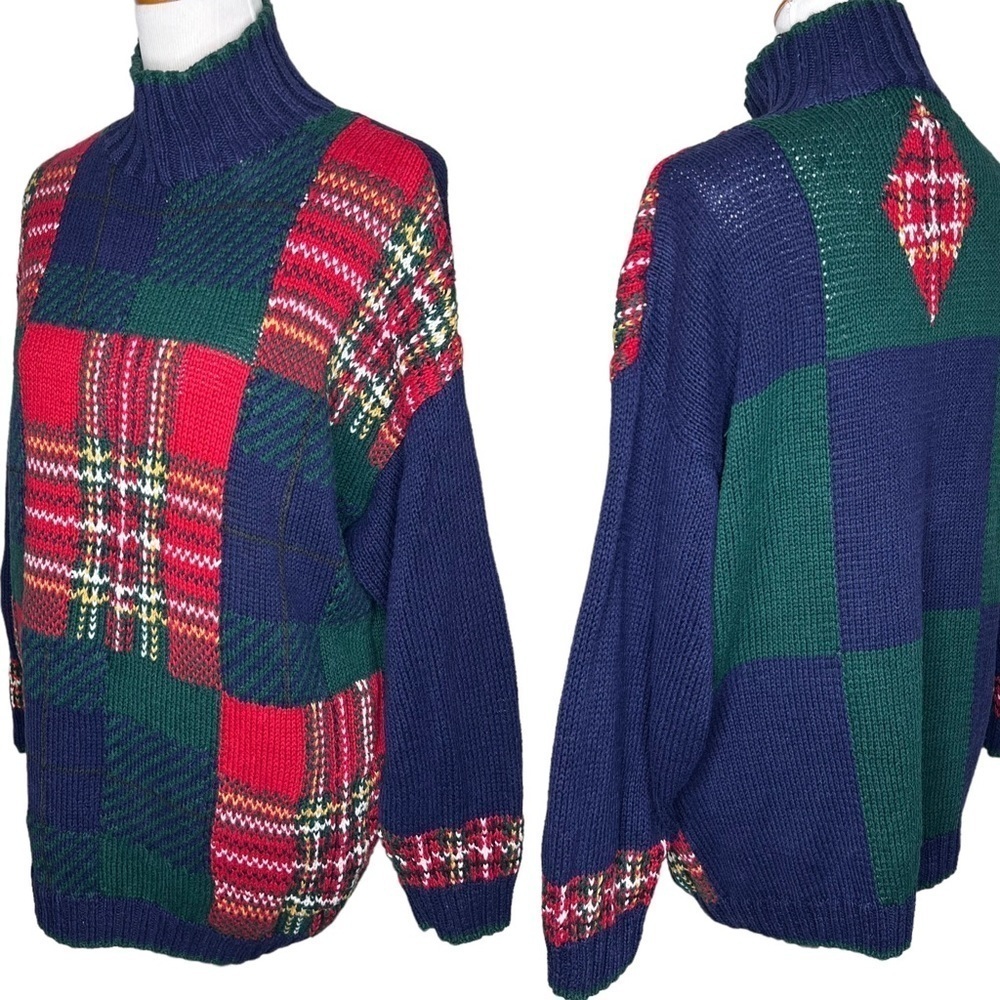 VTG Limited Oversized Hand Knit Color Block High Neck Sweater Size S Patchwork - Picture 4 of 15